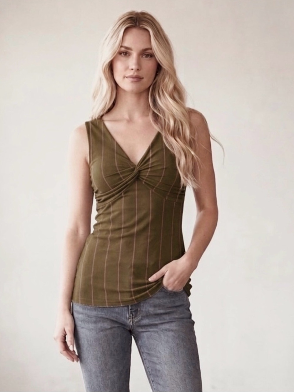 Arden B Vintage 90s Mesh Twist Tank Top M V Neck Olive Green Pink Pinstripe Y2K